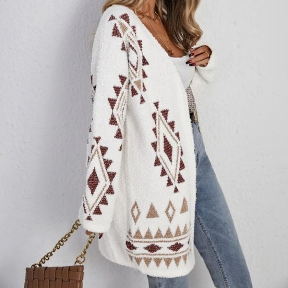 Boho Geo Print Open front Fuzzy  Soft comfy Knit Sweater Cardigan - Picture 4 of 5